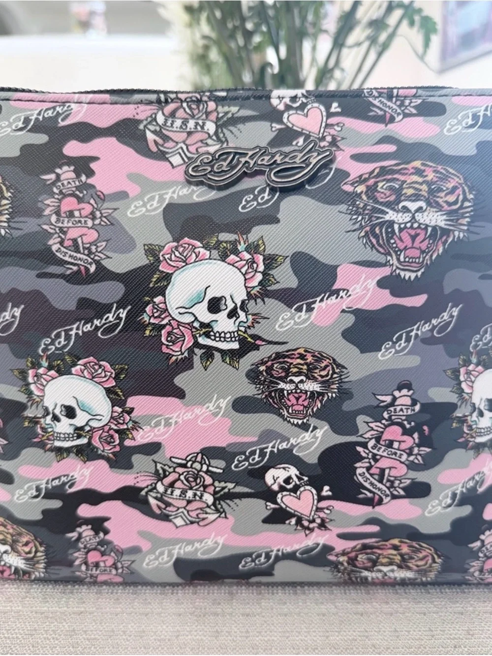 Ed Hardy Pink Black Gray Camo Skull Cosmetic Pouch